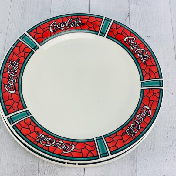 Gibson 1997 COCA COLA Traditions Red Stained Glass Stoneware Dinner Plates Set 3 - Picture 2 of 7